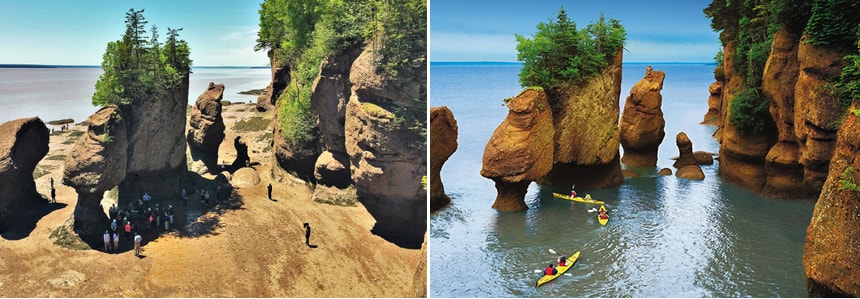 Marée haute et marée basse à Hopewell Rocks