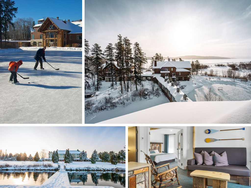 4 photos, auberge lac au taureau, chambre, famille qui joue au hockey et auberge lac à l'eau claire